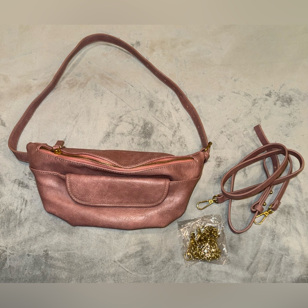 NWOT Anthropologie Belt Fanny Pack Convertible Crossbody Mauve Faux Leather - Picture 2 of 5